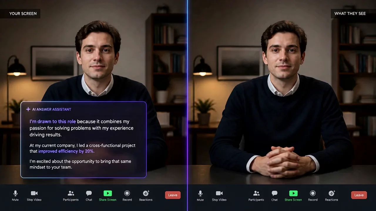 Split screen: the candidate's screen shows InterviewChamp's AI answer overlay, while the interviewer's screen-share view of the same call shows nothing.